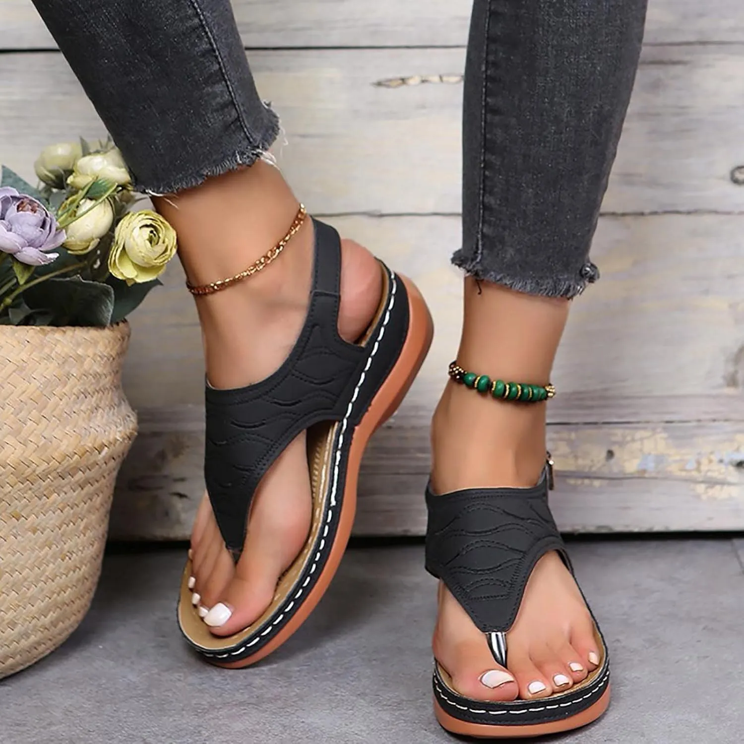 Womens Casual Platform Wedges Sandals Summer Open Toe Flip Flop Thong Sandal Dress Walking Flats with Adjustable Ankle Buckle
