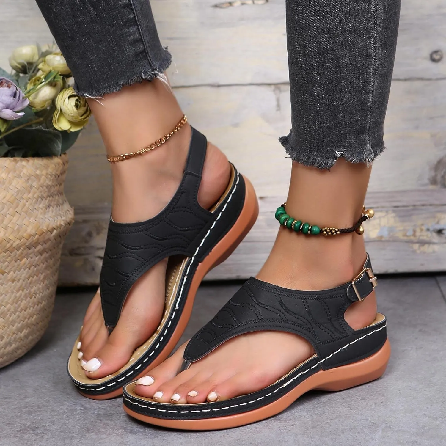 Womens Casual Platform Wedges Sandals Summer Open Toe Flip Flop Thong Sandal Dress Walking Flats with Adjustable Ankle Buckle