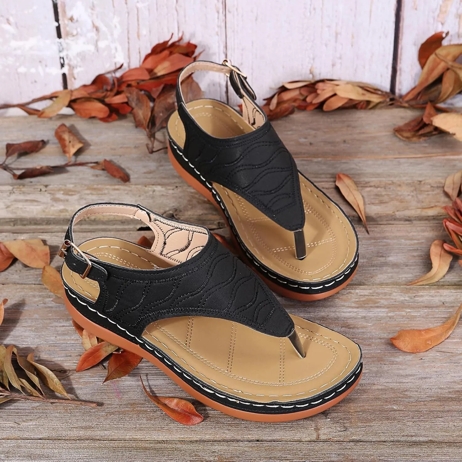 Womens Casual Platform Wedges Sandals Summer Open Toe Flip Flop Thong Sandal Dress Walking Flats with Adjustable Ankle Buckle
