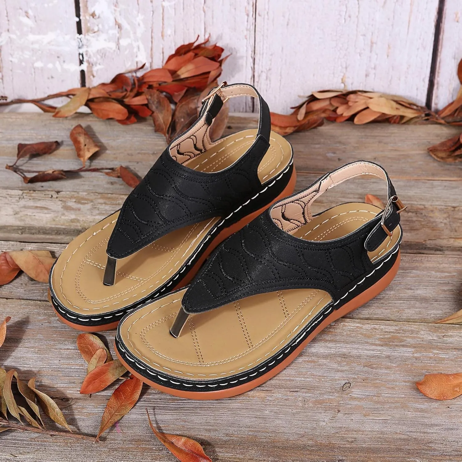 Womens Casual Platform Wedges Sandals Summer Open Toe Flip Flop Thong Sandal Dress Walking Flats with Adjustable Ankle Buckle