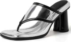 Women's Clip Toe Leather Sandals - Square Toe Thick Heels, Mixed Color Summer