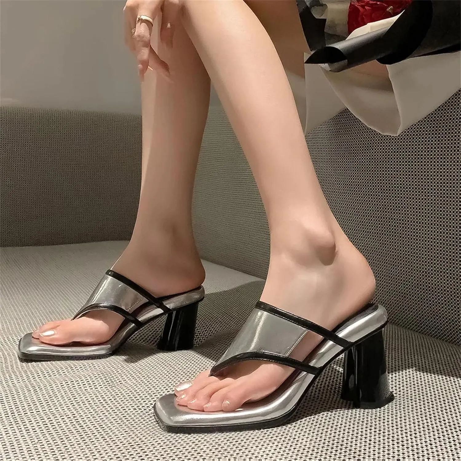 Women's Clip Toe Leather Sandals - Square Toe Thick Heels, Mixed Color Summer