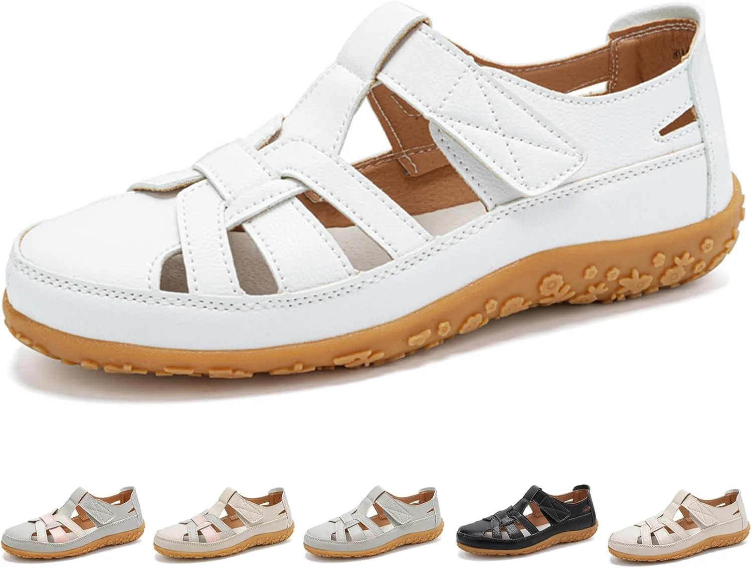 Womens Closed Toe Leather Sandals Woven Loafer Hollow Out Soft Sole Sports Sandals, Ankle Strap Boho Gladiator Beach Shoes Casual Comfortable Outdoor Walking Shoes All Day Comfort