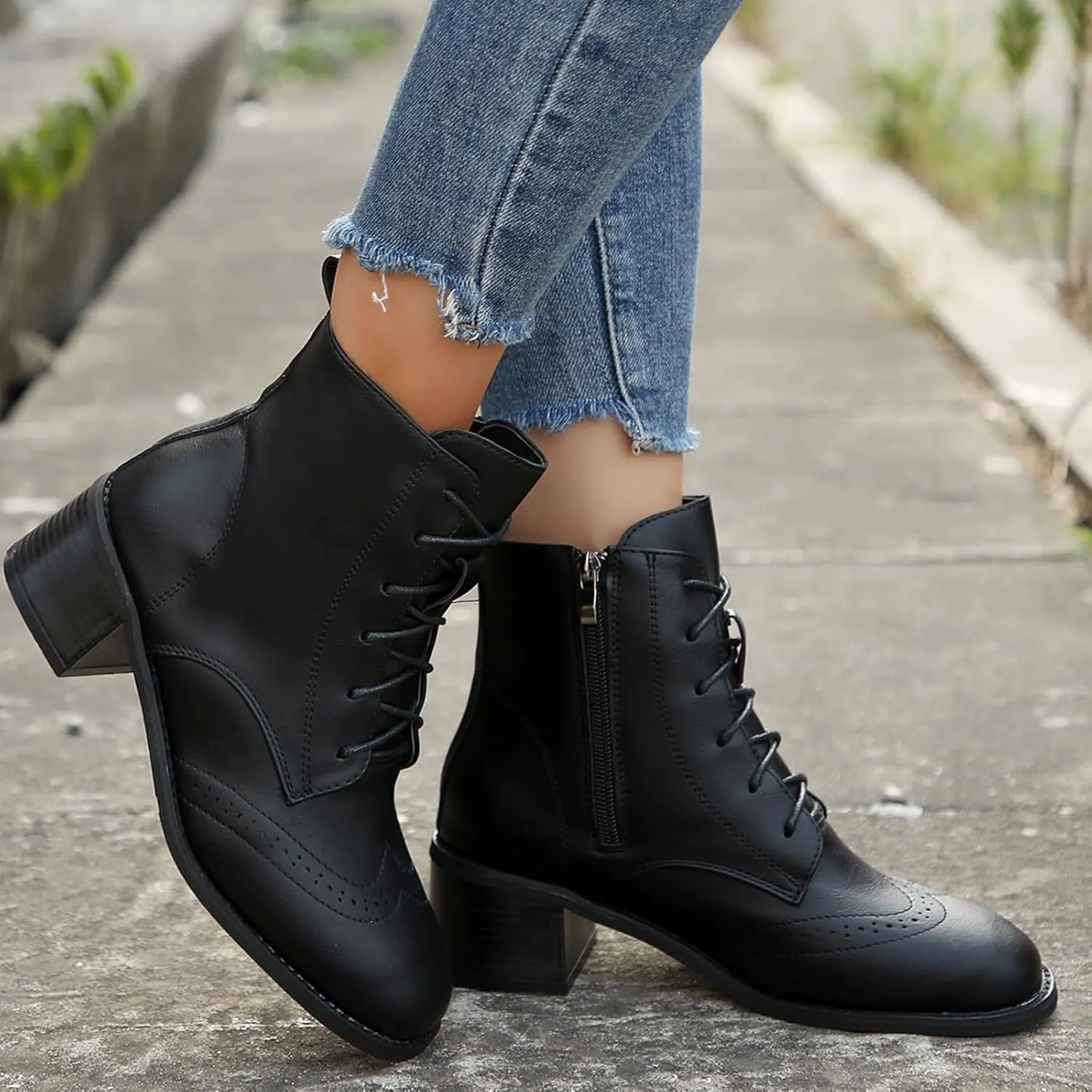 Women's Combat Boots Fashion Side Zipper Lace up Ankle Booties Chunky Heel Thick-Soled Mid Calf Shoes Work Boot