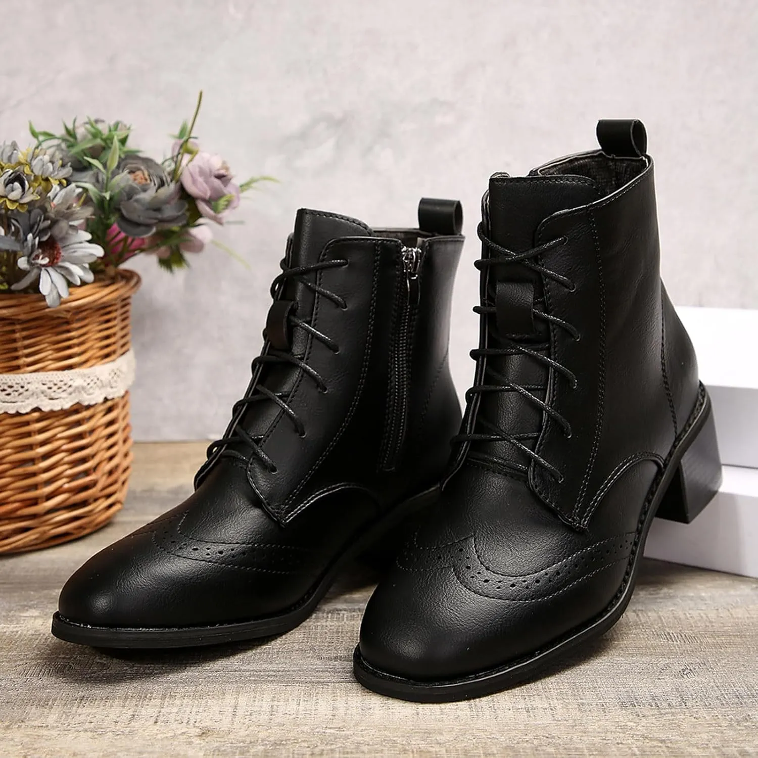 Women's Combat Boots Fashion Side Zipper Lace up Ankle Booties Chunky Heel Thick-Soled Mid Calf Shoes Work Boot