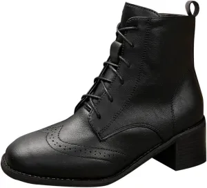 Women's Combat Boots Fashion Side Zipper Lace up Ankle Booties Chunky Heel Thick-Soled Mid Calf Shoes Work Boot