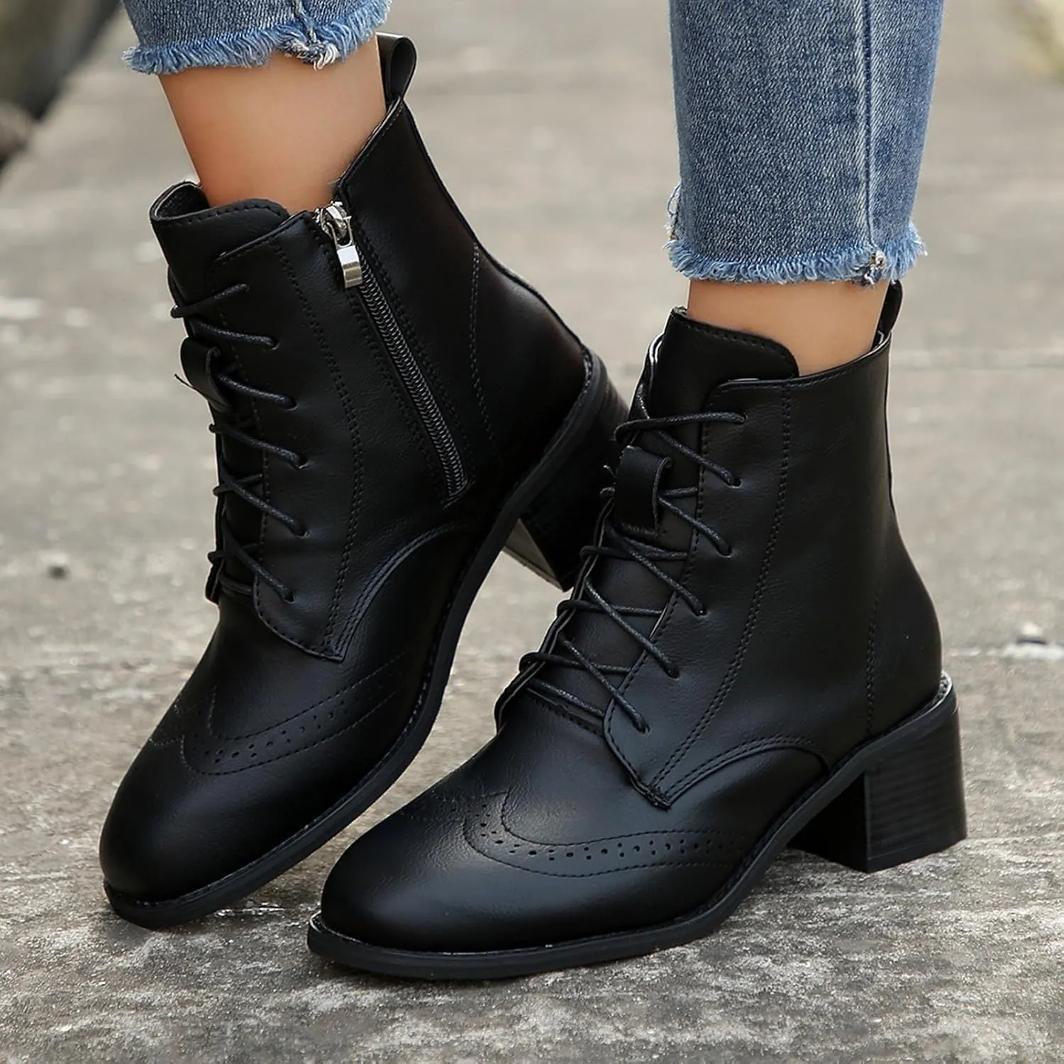 Women's Combat Boots Fashion Side Zipper Lace up Ankle Booties Chunky Heel Thick-Soled Mid Calf Shoes Work Boot