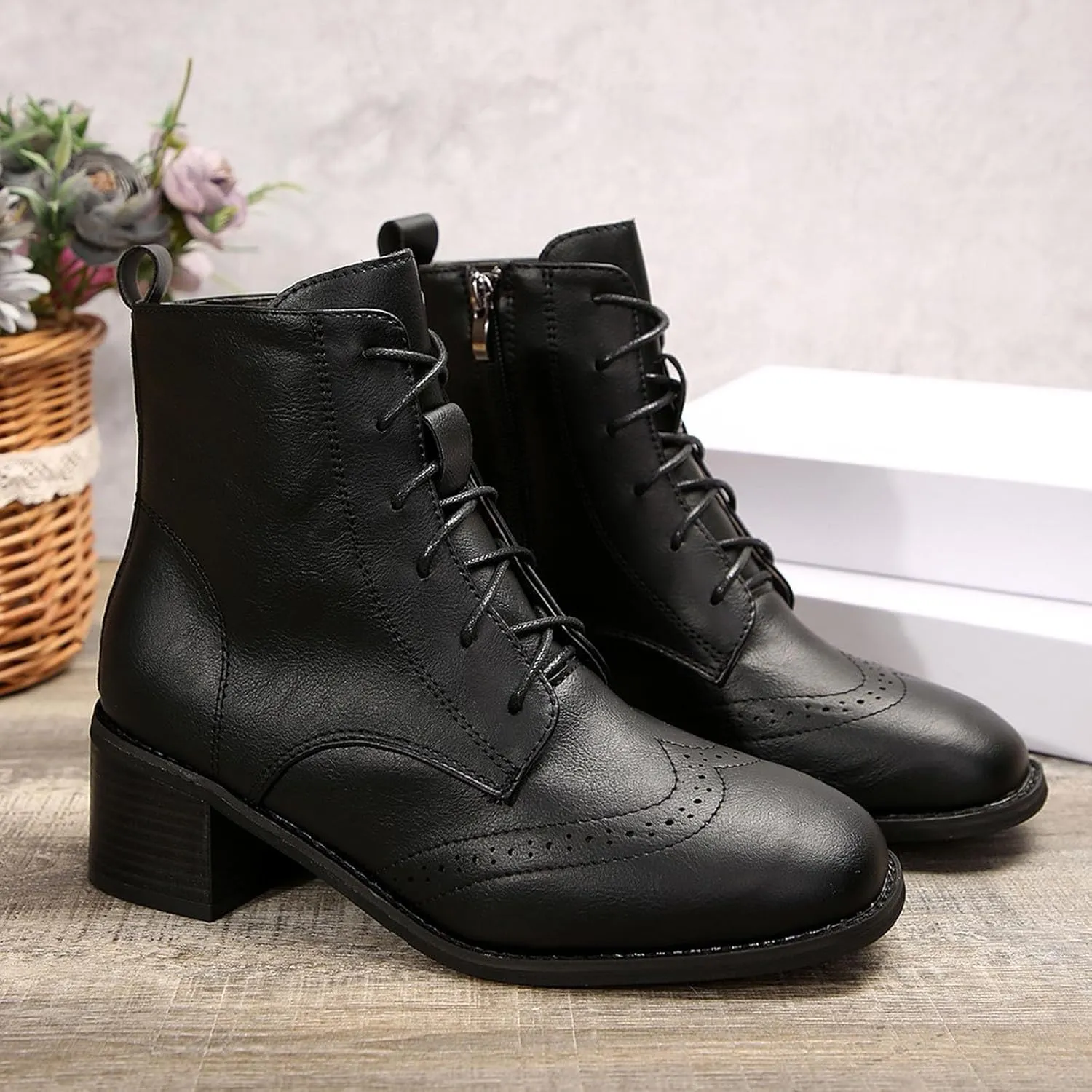 Women's Combat Boots Fashion Side Zipper Lace up Ankle Booties Chunky Heel Thick-Soled Mid Calf Shoes Work Boot
