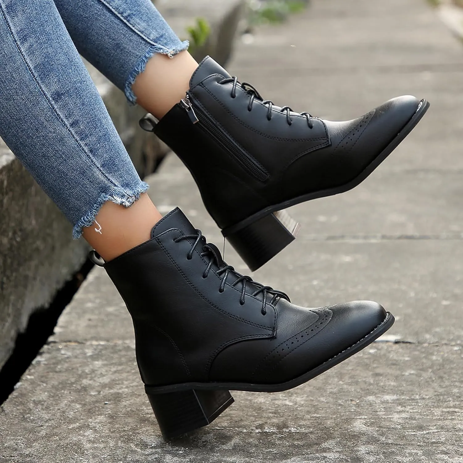 Women's Combat Boots Fashion Side Zipper Lace up Ankle Booties Chunky Heel Thick-Soled Mid Calf Shoes Work Boot