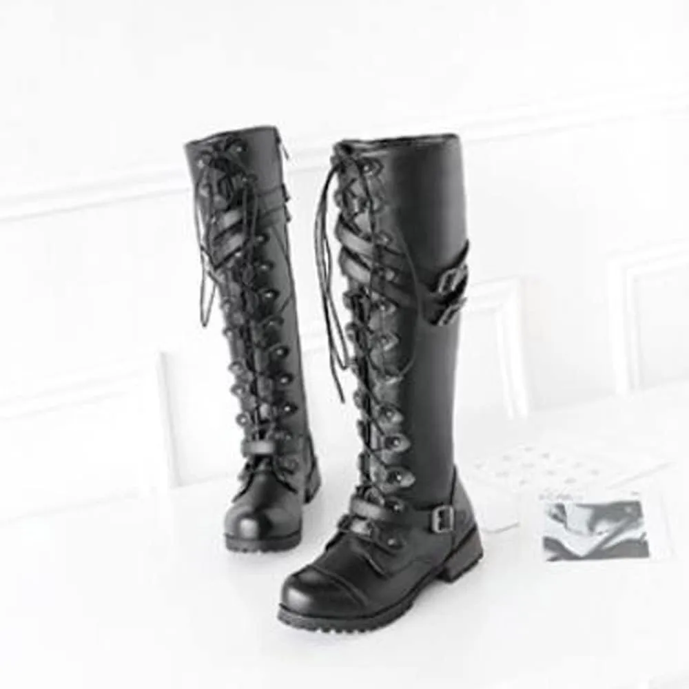 Womens Combat Boots,Low Heel Round Toe Tall Boots with Multi Adjustable Buckl Strap Long Strappy Lace Up Knee High Boots Classic Steampunk High Boots for Women Winter Fall Walking Hiking