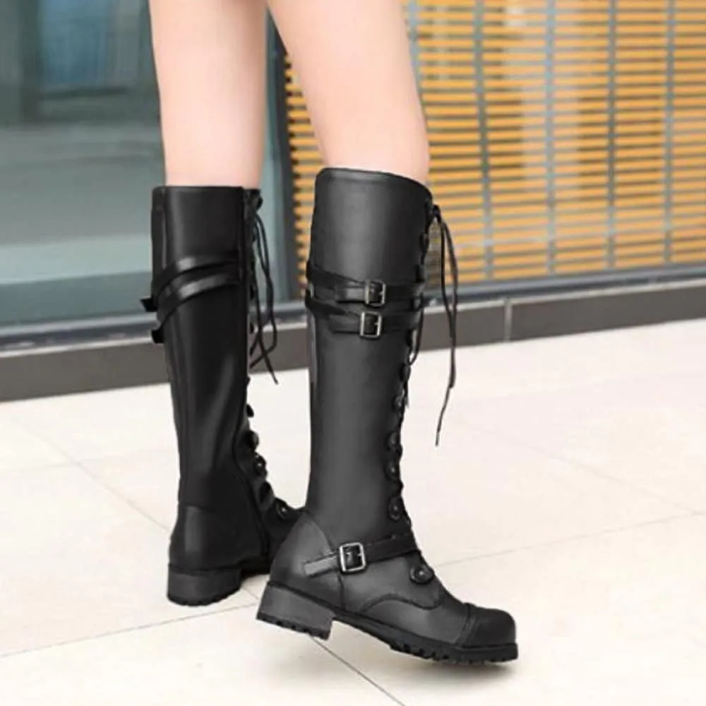 Womens Combat Boots,Low Heel Round Toe Tall Boots with Multi Adjustable Buckl Strap Long Strappy Lace Up Knee High Boots Classic Steampunk High Boots for Women Winter Fall Walking Hiking