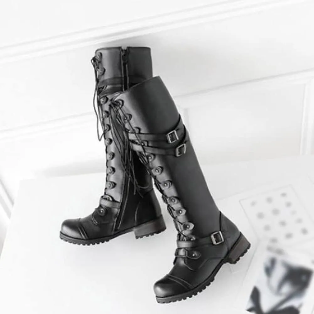 Womens Combat Boots,Low Heel Round Toe Tall Boots with Multi Adjustable Buckl Strap Long Strappy Lace Up Knee High Boots Classic Steampunk High Boots for Women Winter Fall Walking Hiking