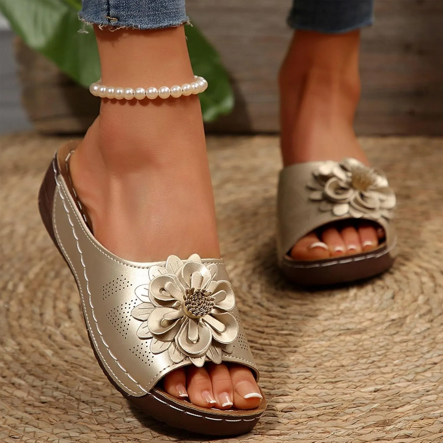 Womens Comfort Sandals 3D Boho Floral Fashion Comfortable Shoes Plus Size Casual Slip on Sandal with Arch Support