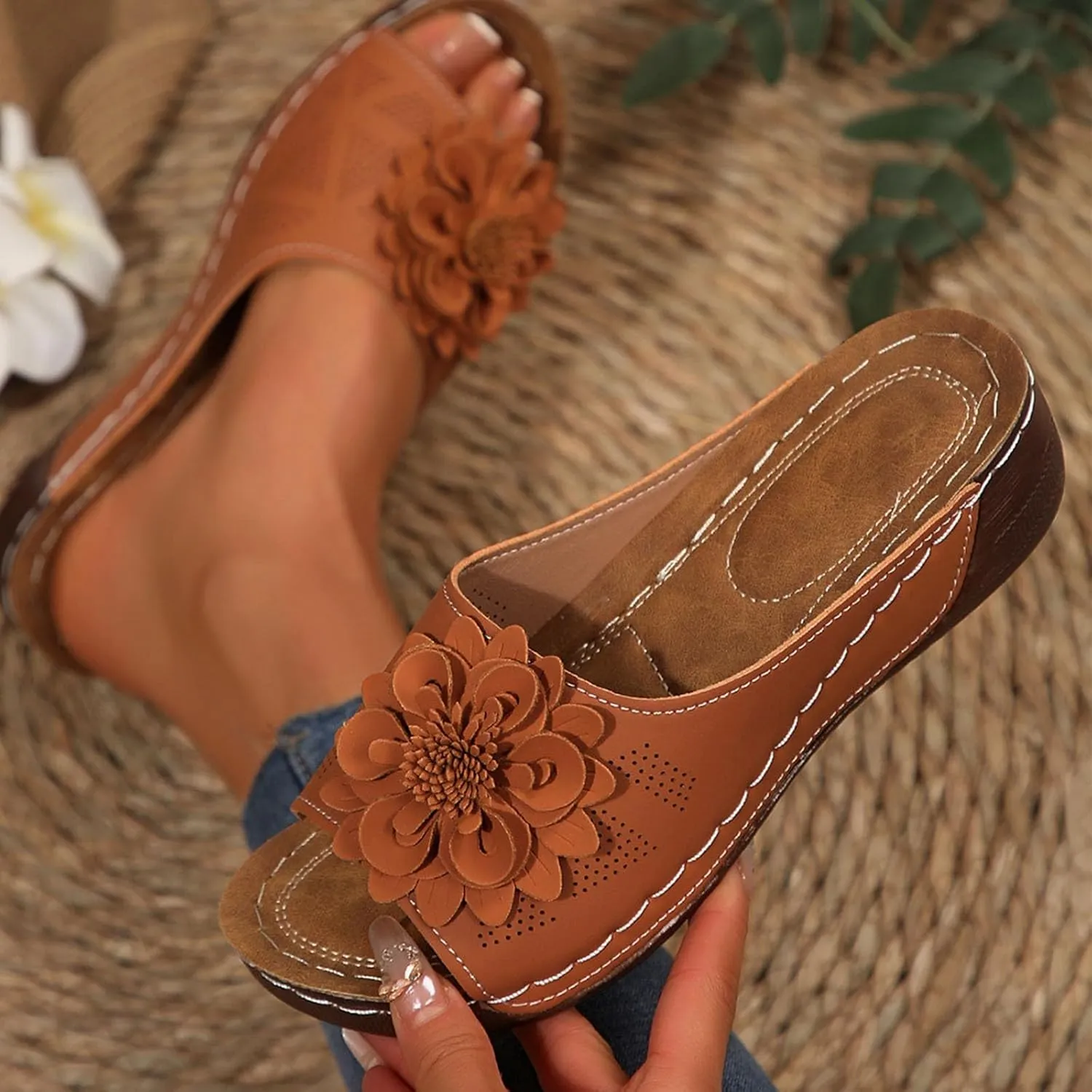 Womens Comfort Sandals 3D Boho Floral Fashion Comfortable Shoes Plus Size Casual Slip on Sandal with Arch Support
