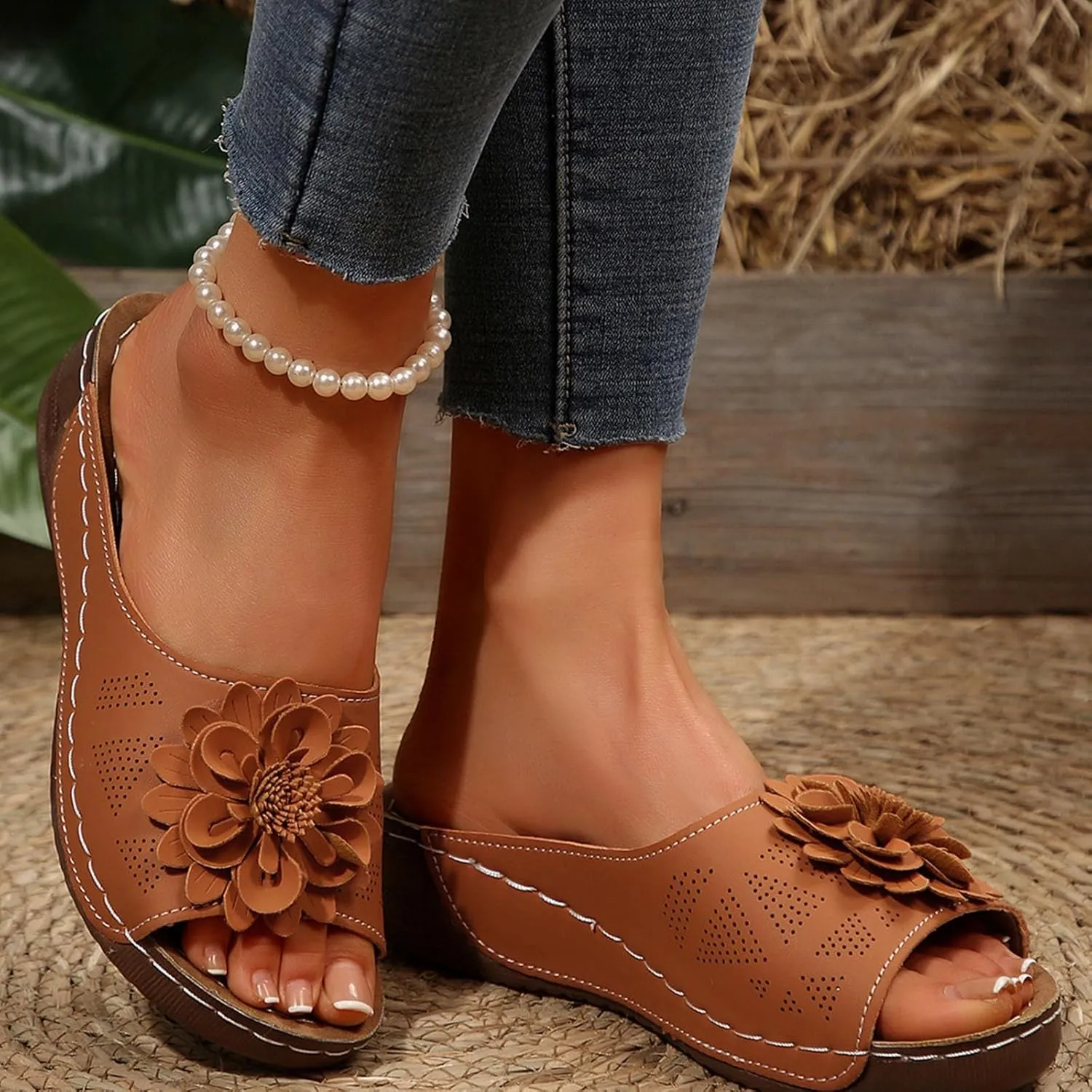 Womens Comfort Sandals 3D Boho Floral Fashion Comfortable Shoes Plus Size Casual Slip on Sandal with Arch Support