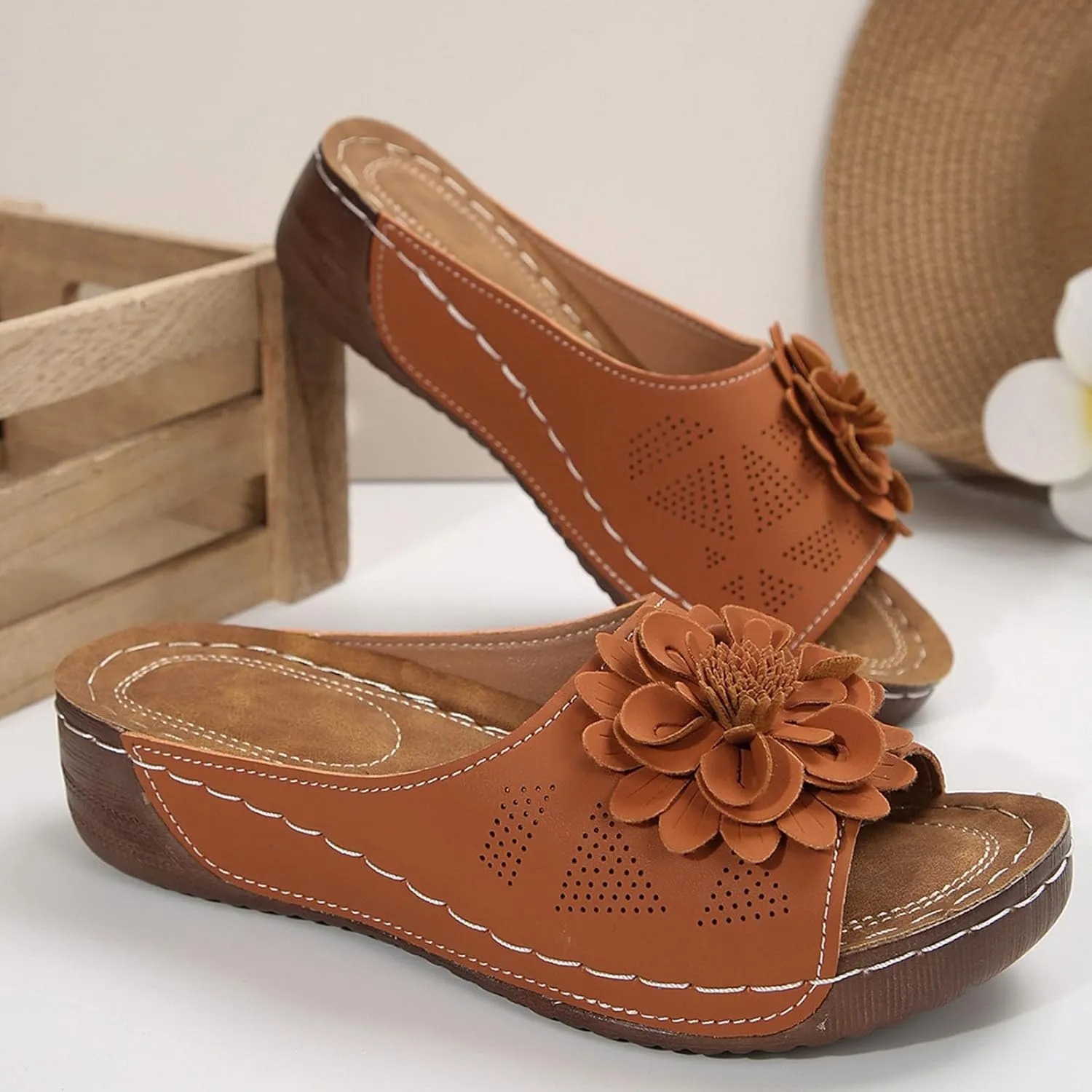 Womens Comfort Sandals 3D Boho Floral Fashion Comfortable Shoes Plus Size Casual Slip on Sandal with Arch Support