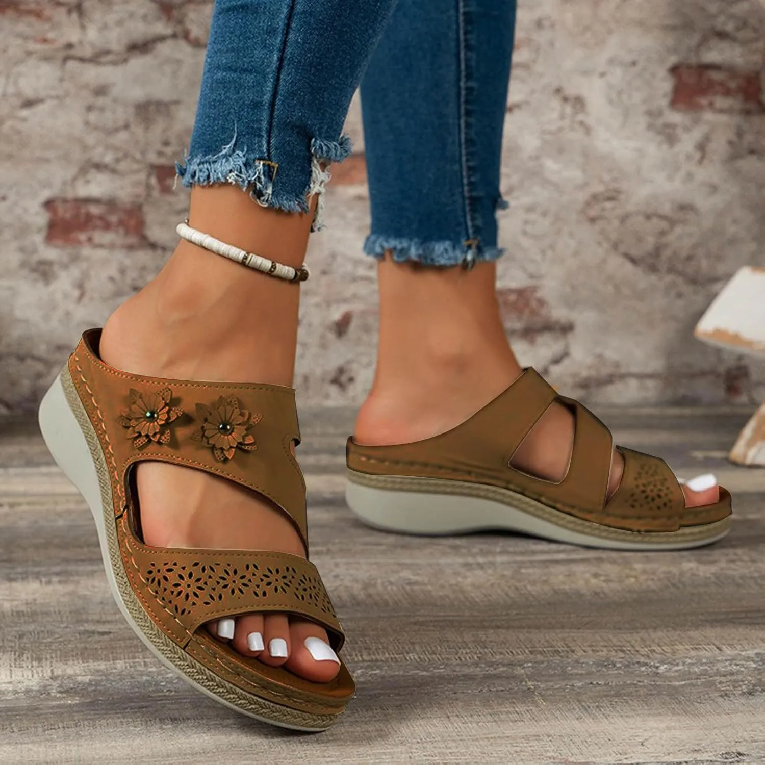 Womens Comfortable Wedge Sandals Arch Support Platform Wedge Slip on Orthopedic Shoes Casual Outdoor Walking Open Toe Hollow Out Breathable Slippers