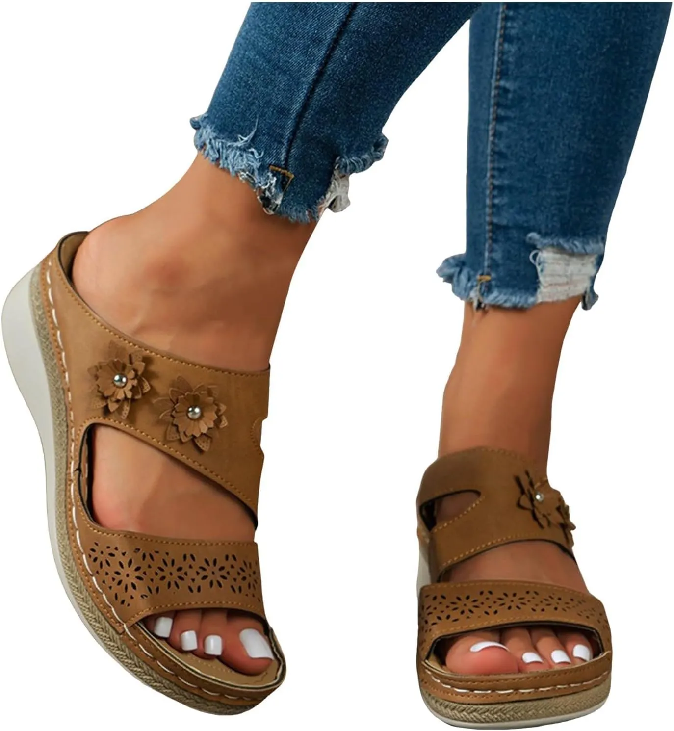 Womens Comfortable Wedge Sandals Arch Support Platform Wedge Slip on Orthopedic Shoes Casual Outdoor Walking Open Toe Hollow Out Breathable Slippers