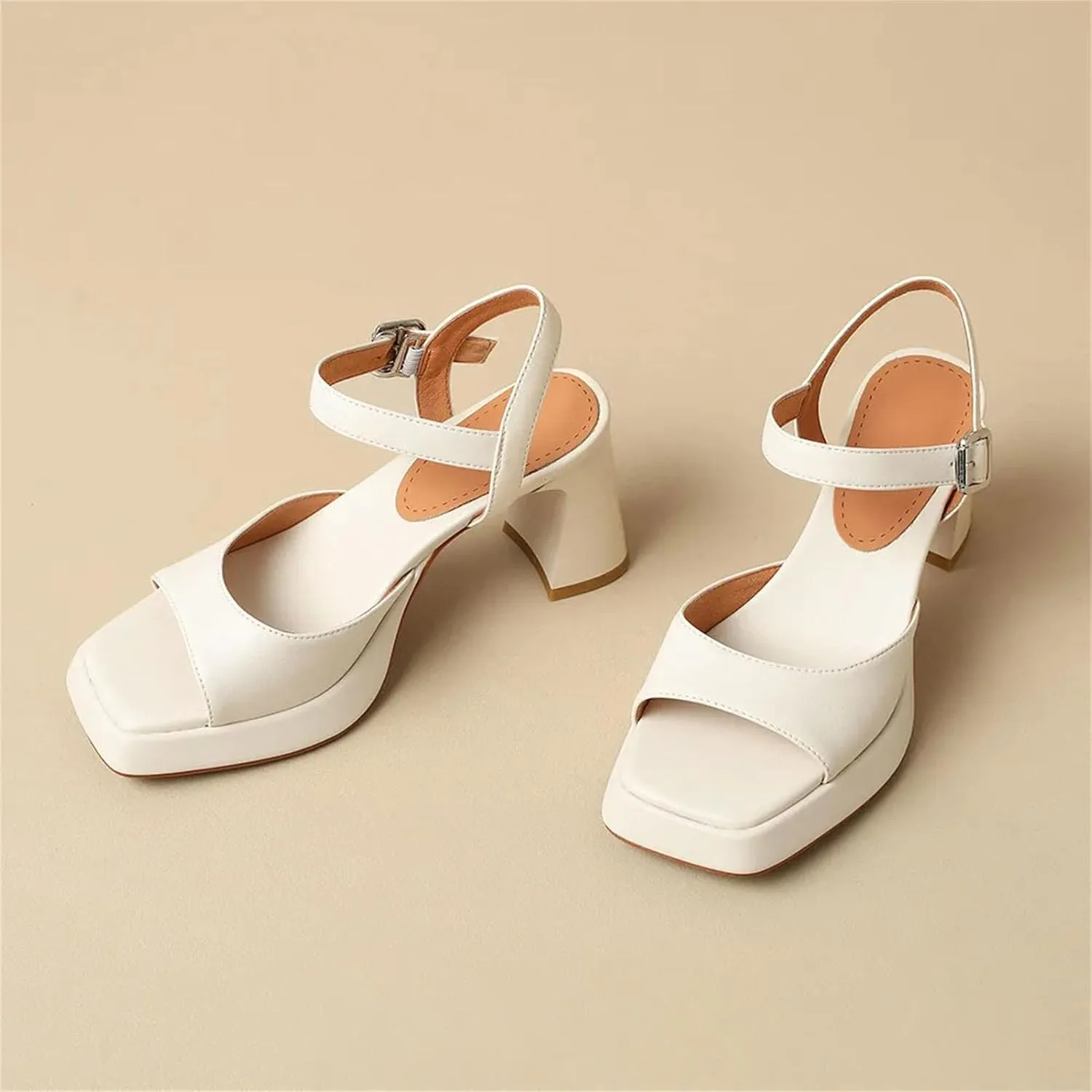 Women's Concise Leather Sandals - Square Toe Buckle Strap, Thick Heels Summer