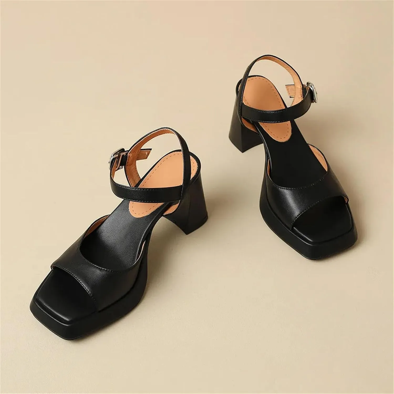 Women's Concise Leather Sandals - Square Toe Buckle Strap, Thick Heels Summer