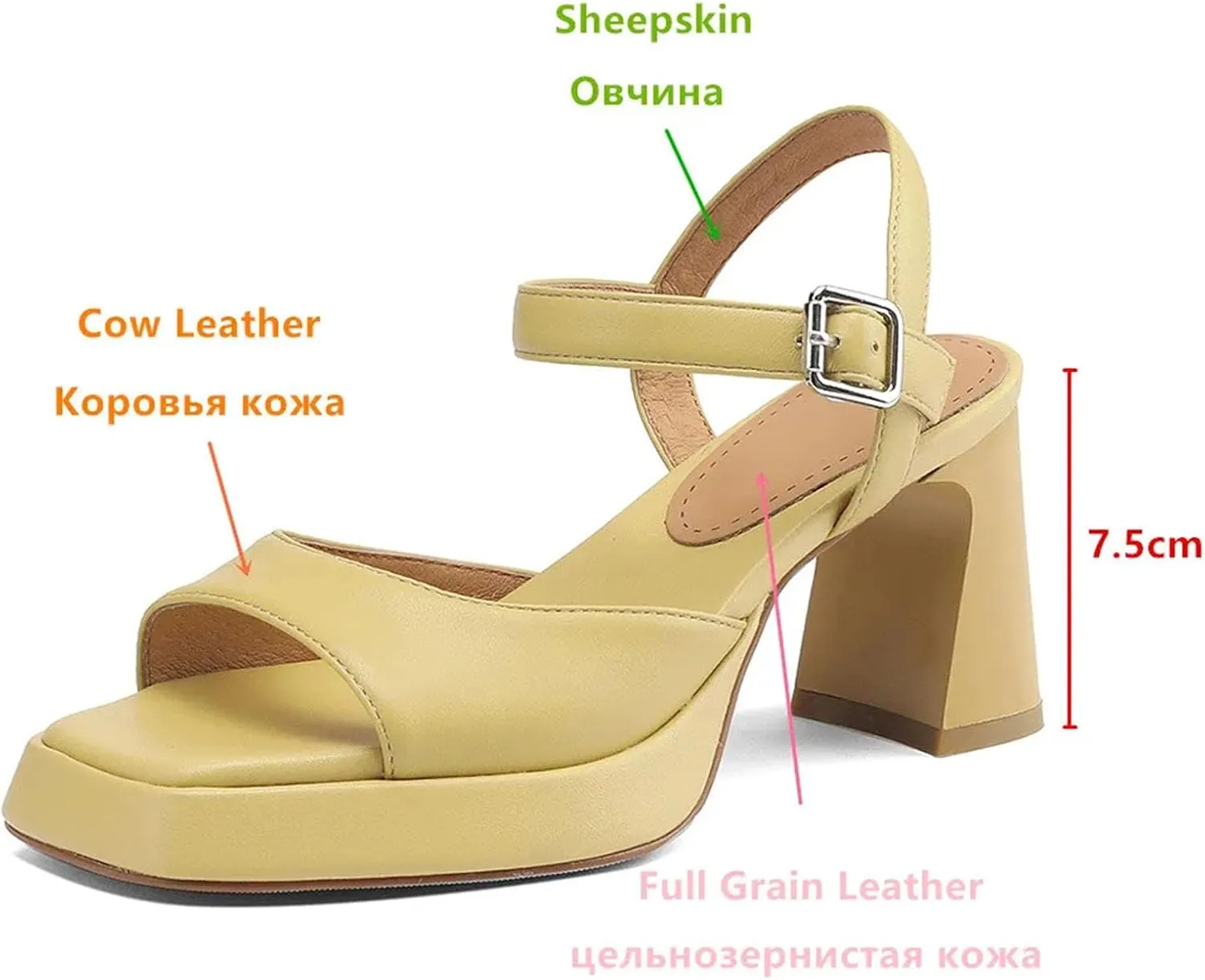 Women's Concise Leather Sandals - Square Toe Buckle Strap, Thick Heels Summer