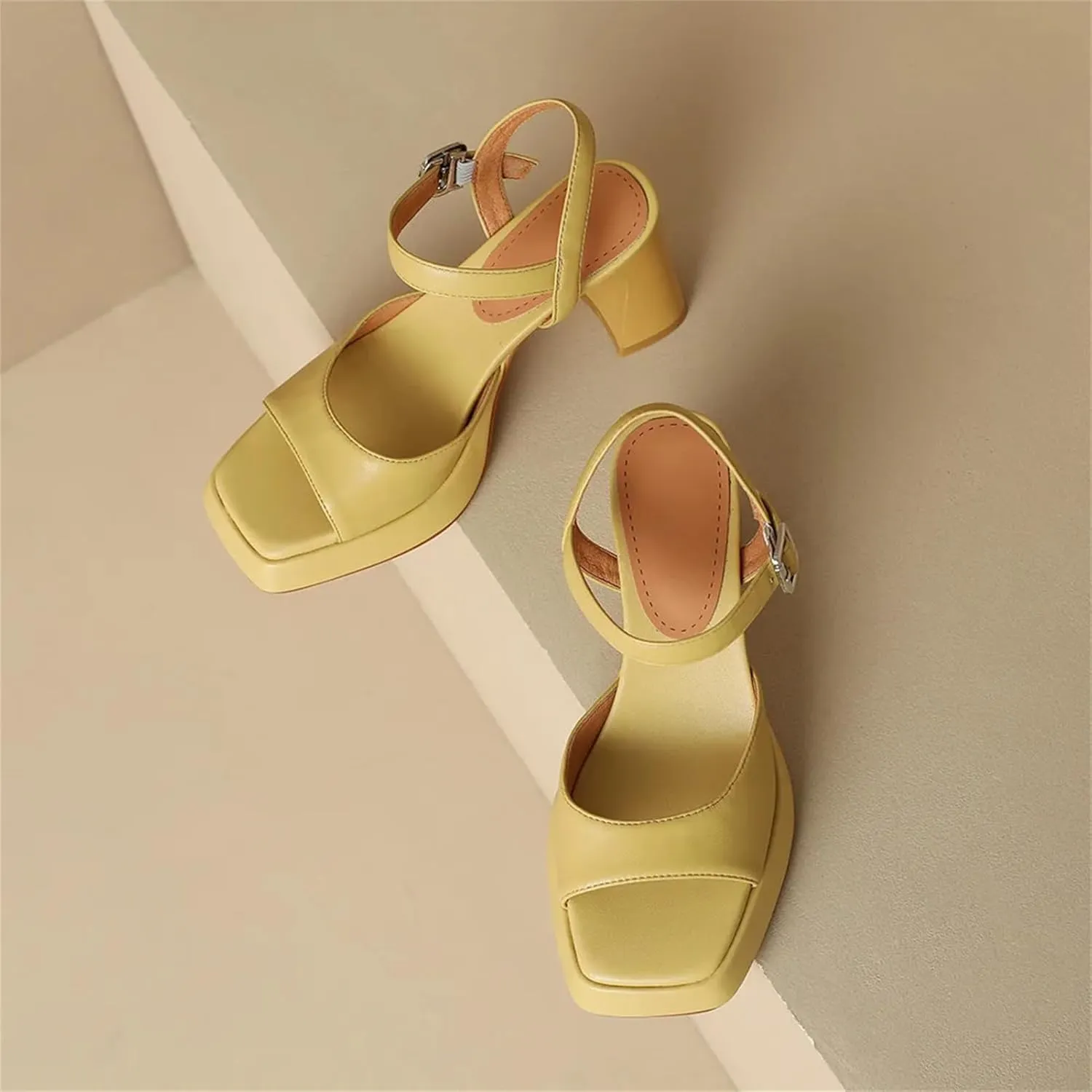 Women's Concise Leather Sandals - Square Toe Buckle Strap, Thick Heels Summer