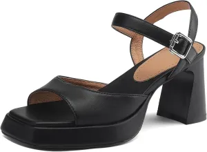 Women's Concise Leather Sandals - Square Toe Buckle Strap, Thick Heels Summer