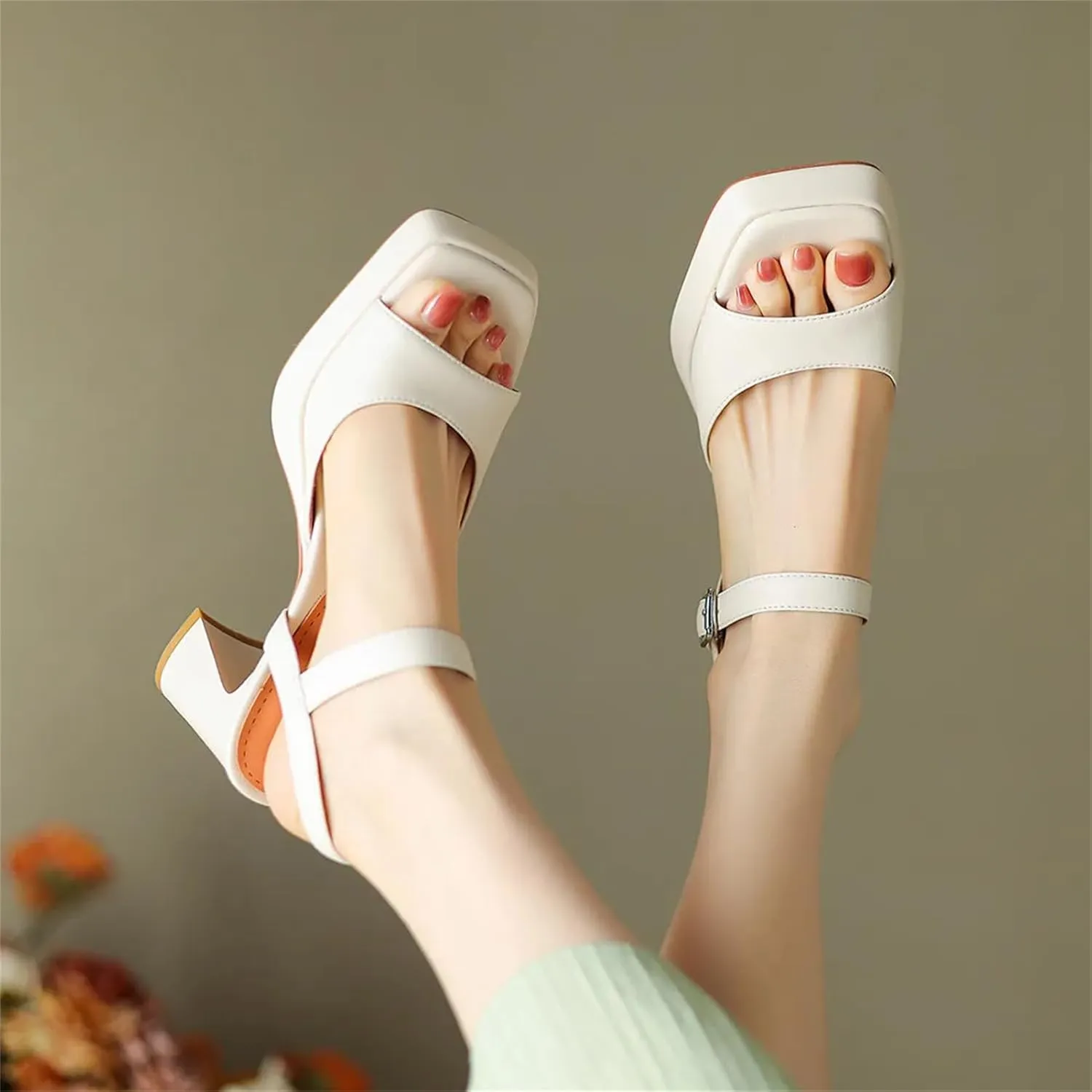 Women's Concise Leather Sandals - Square Toe Buckle Strap, Thick Heels Summer