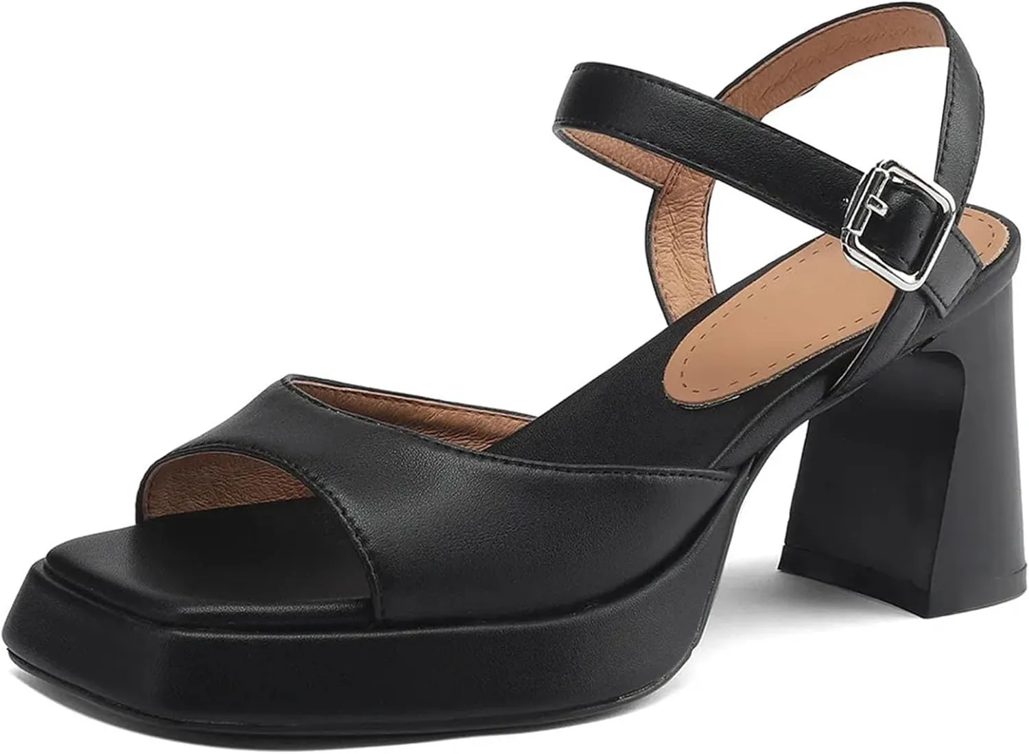 Women's Concise Leather Sandals - Square Toe Buckle Strap, Thick Heels Summer