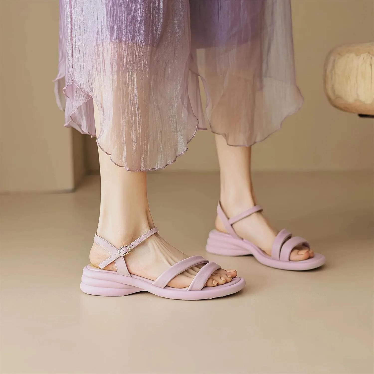 Women's Cow Leather Buckle Strap Sandals - Med Heels Summer Runway Casual Platform