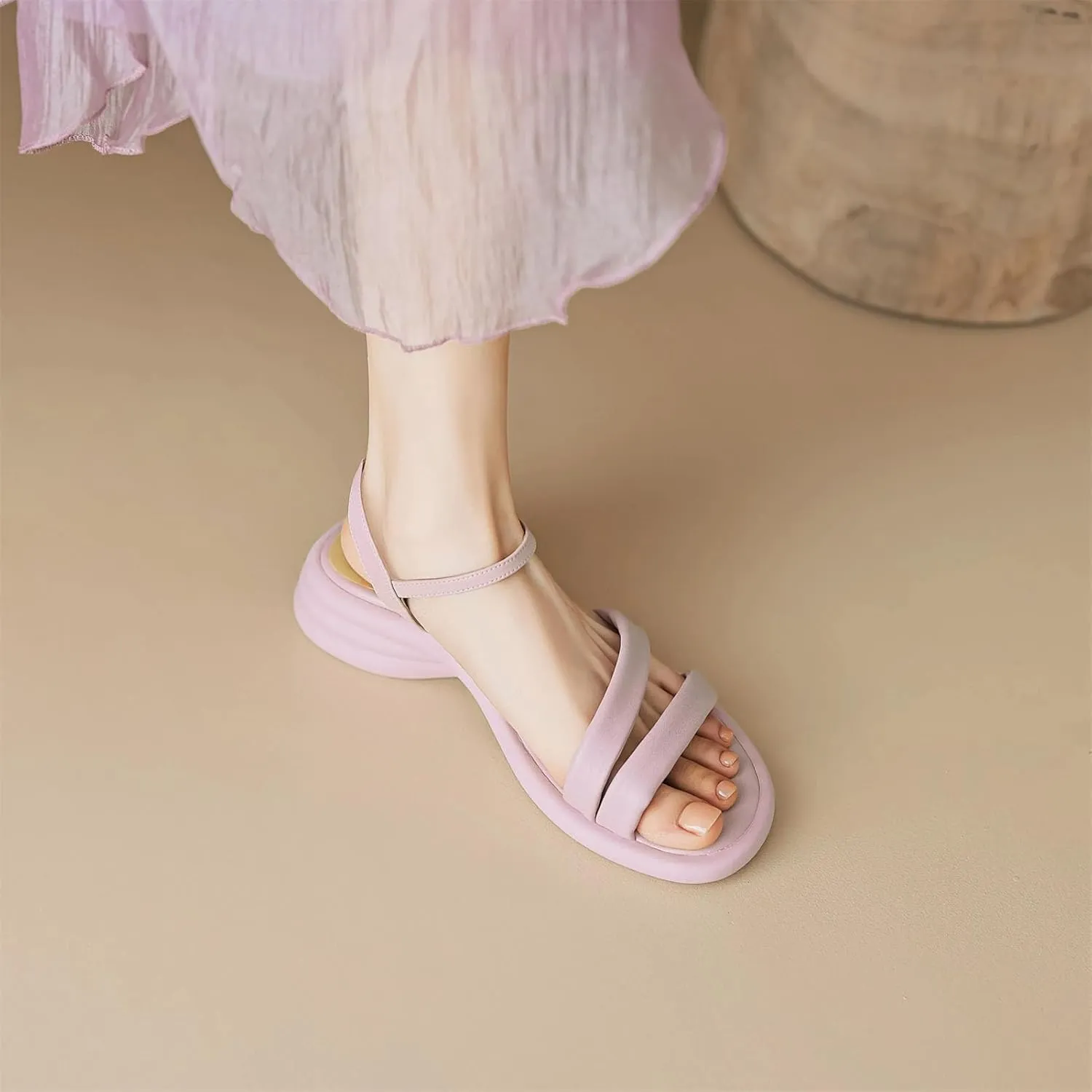 Women's Cow Leather Buckle Strap Sandals - Med Heels Summer Runway Casual Platform