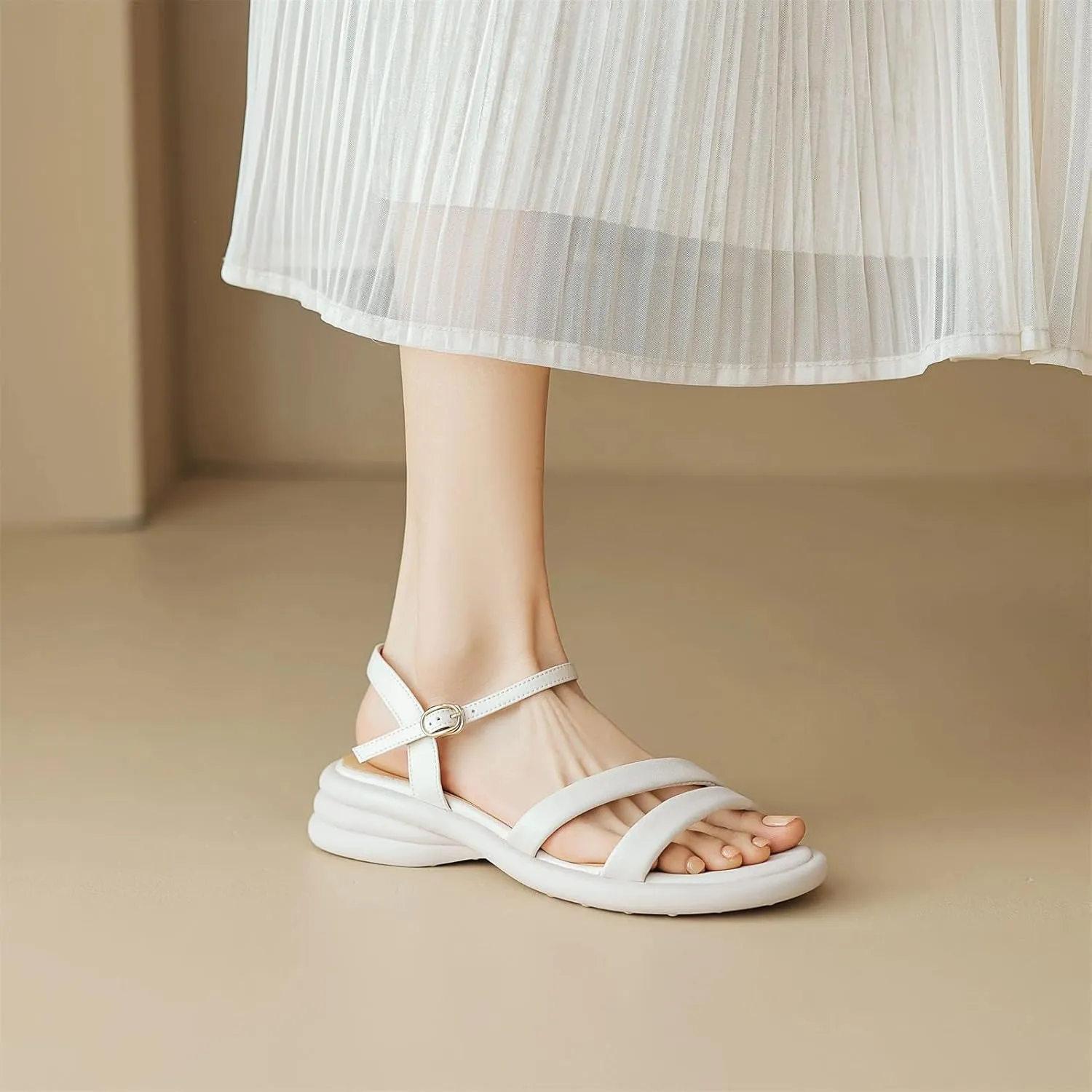 Women's Cow Leather Buckle Strap Sandals - Med Heels Summer Runway Casual Platform