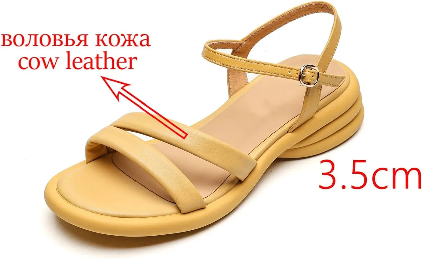 Women's Cow Leather Buckle Strap Sandals - Med Heels Summer Runway Casual Platform
