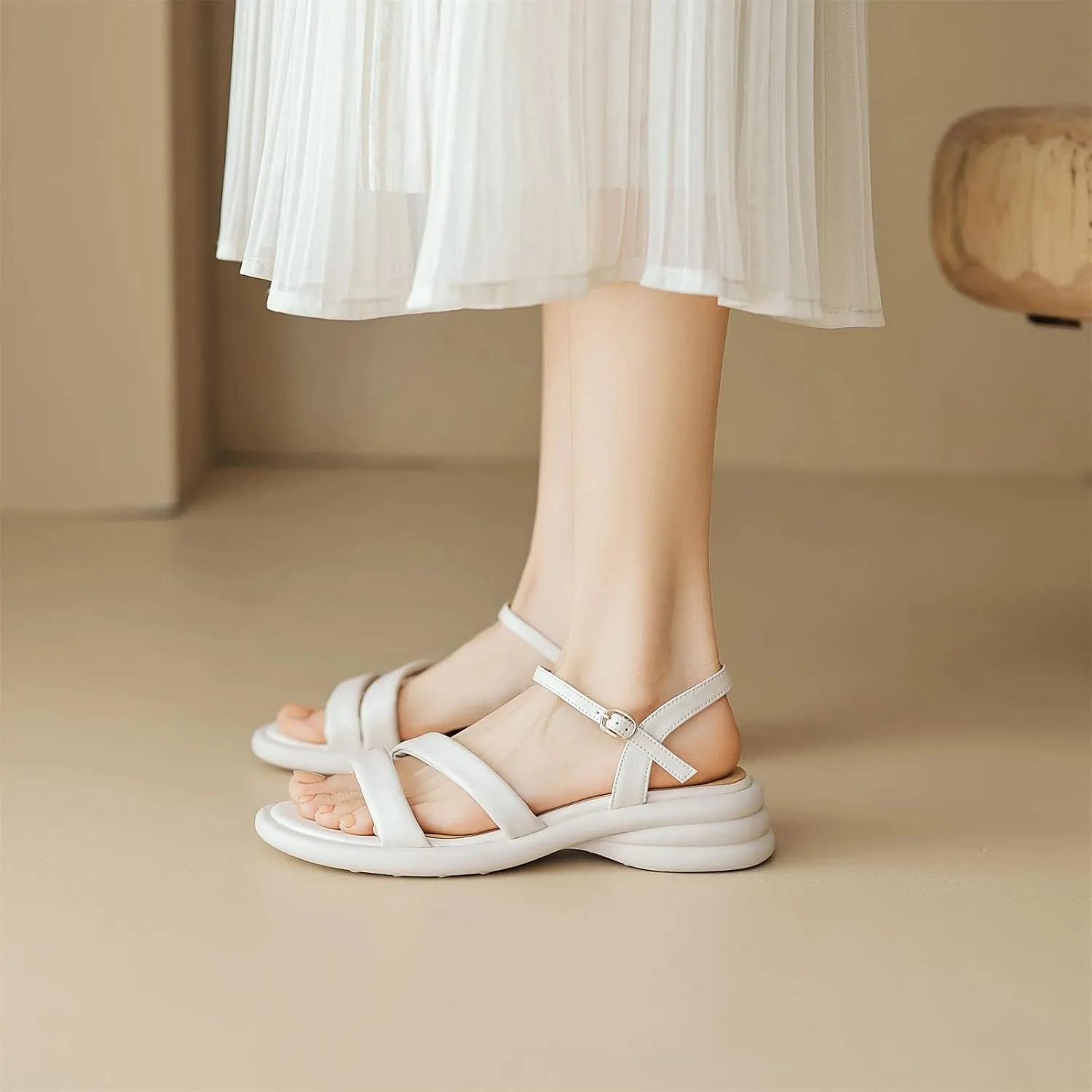 Women's Cow Leather Buckle Strap Sandals - Med Heels Summer Runway Casual Platform