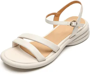 Women's Cow Leather Buckle Strap Sandals - Med Heels Summer Runway Casual Platform