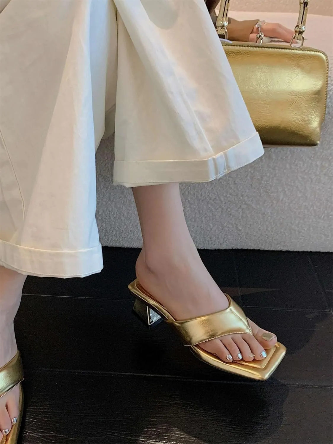 Women's Cow Leather Flip Flop Mules - Med Heels Concise Summer Dress Slippers