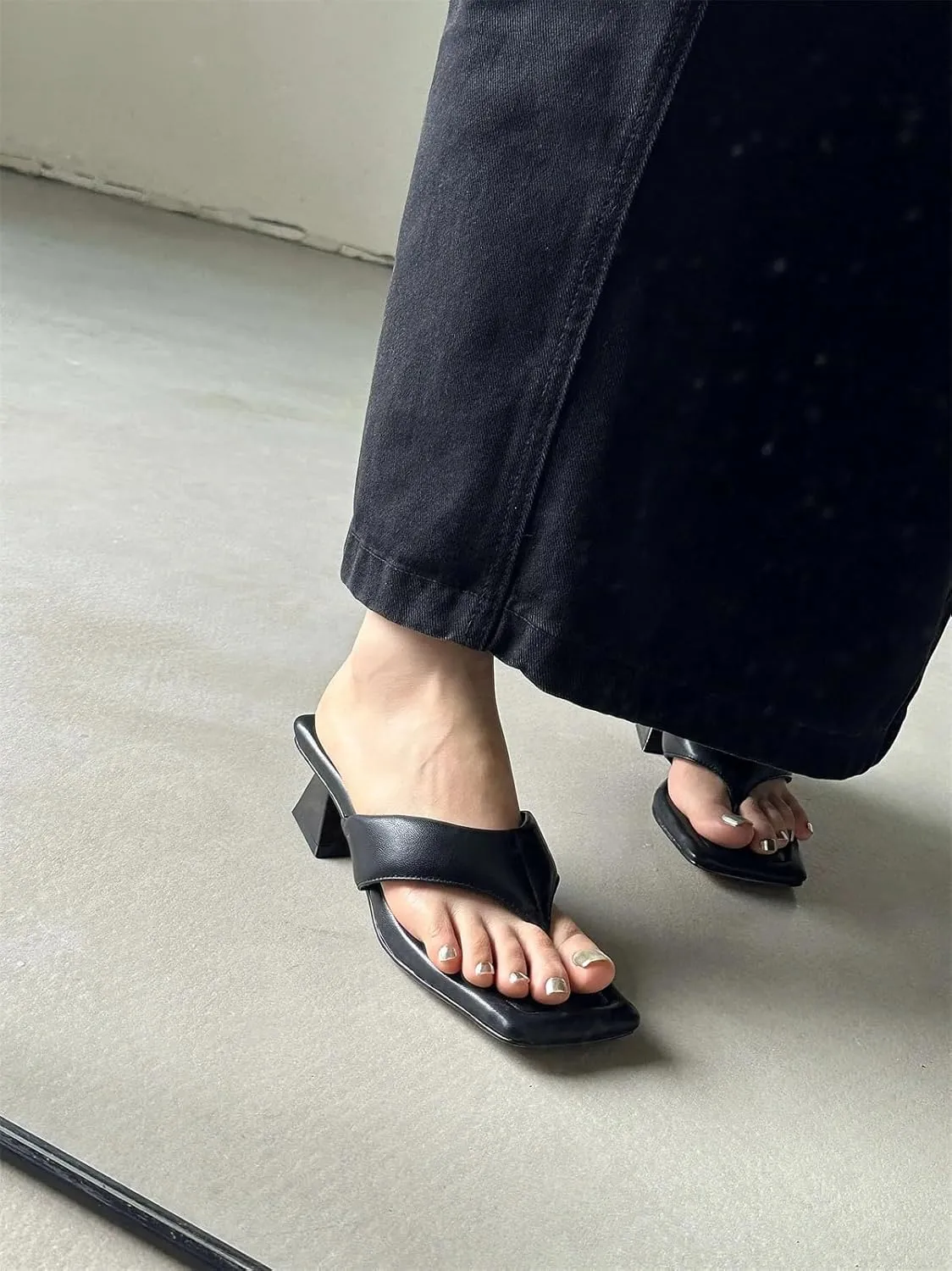 Women's Cow Leather Flip Flop Mules - Med Heels Concise Summer Dress Slippers