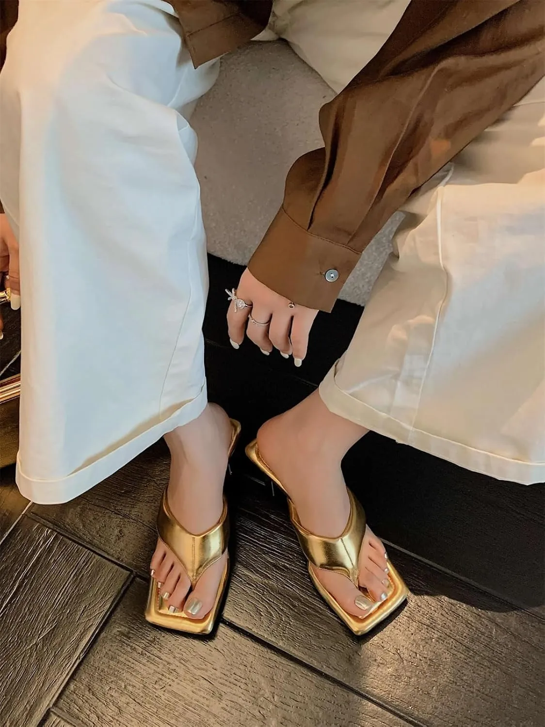 Women's Cow Leather Flip Flop Mules - Med Heels Concise Summer Dress Slippers