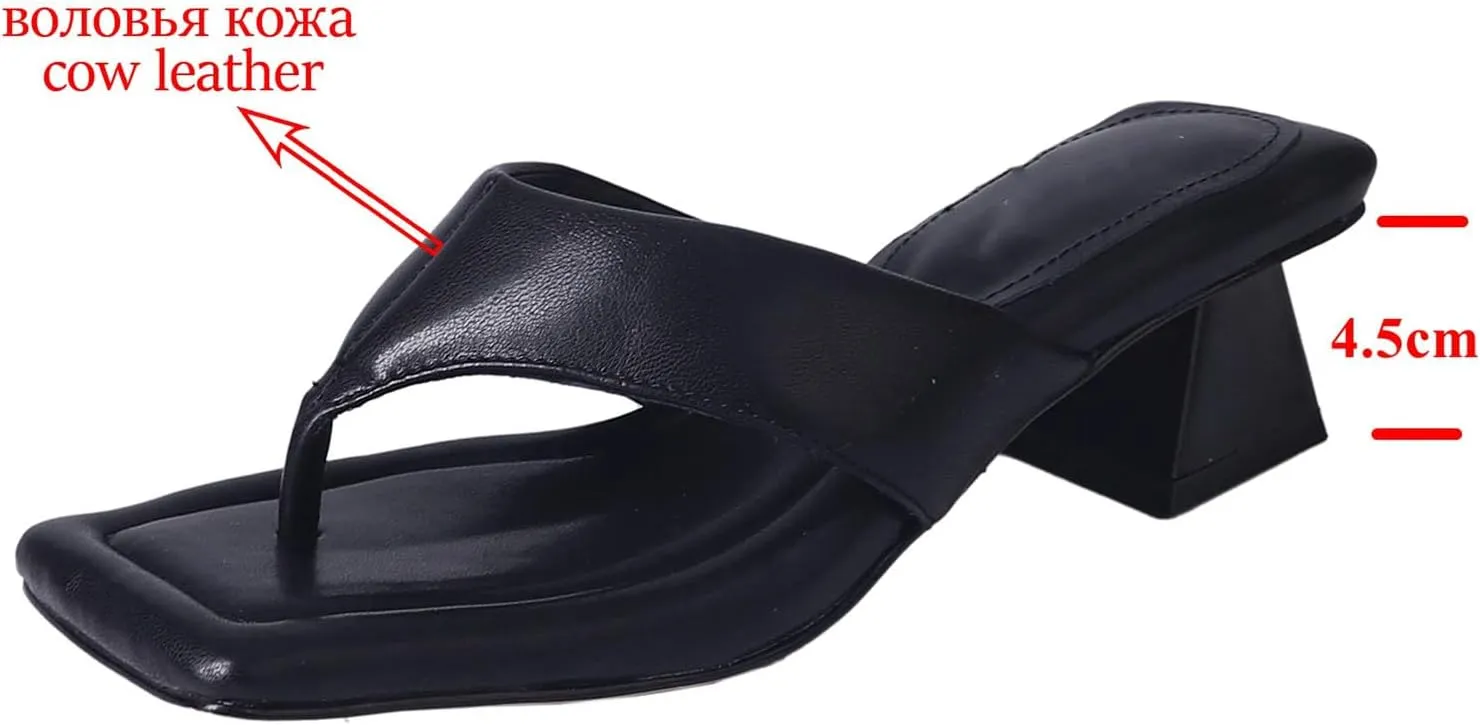 Women's Cow Leather Flip Flop Mules - Med Heels Concise Summer Dress Slippers
