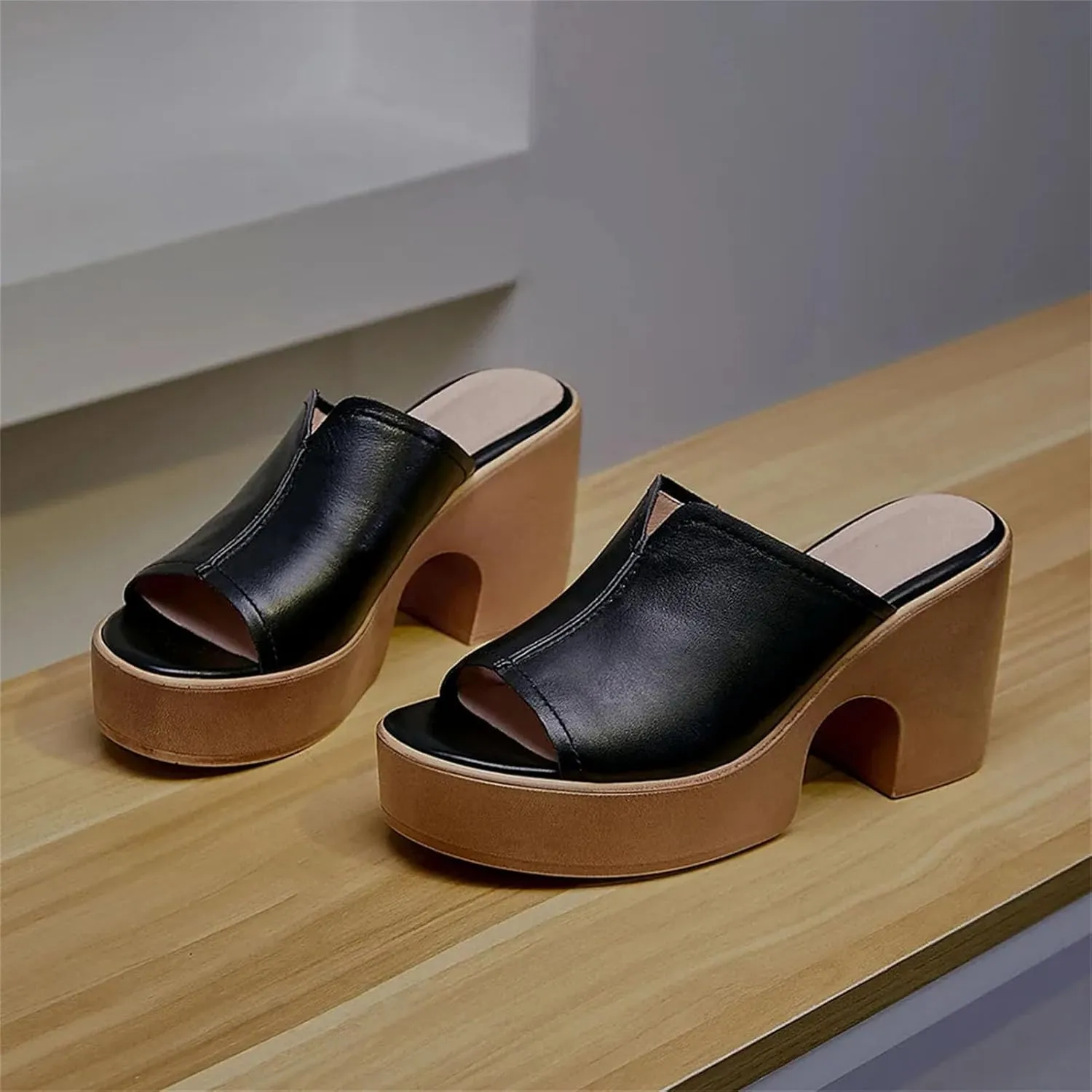 Women's Cow Leather Platform Sandals - Round Toe Thick Heels, Summer Party Dress