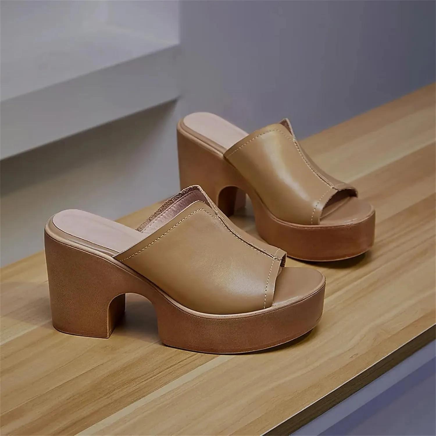 Women's Cow Leather Platform Sandals - Round Toe Thick Heels, Summer Party Dress