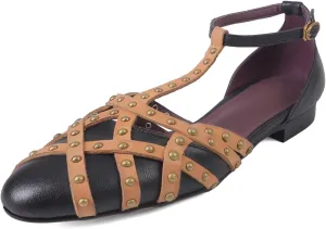 Women's Cow Leather Round Toe Sandals - Low Heels Rivet Summer Dance Party Shoes