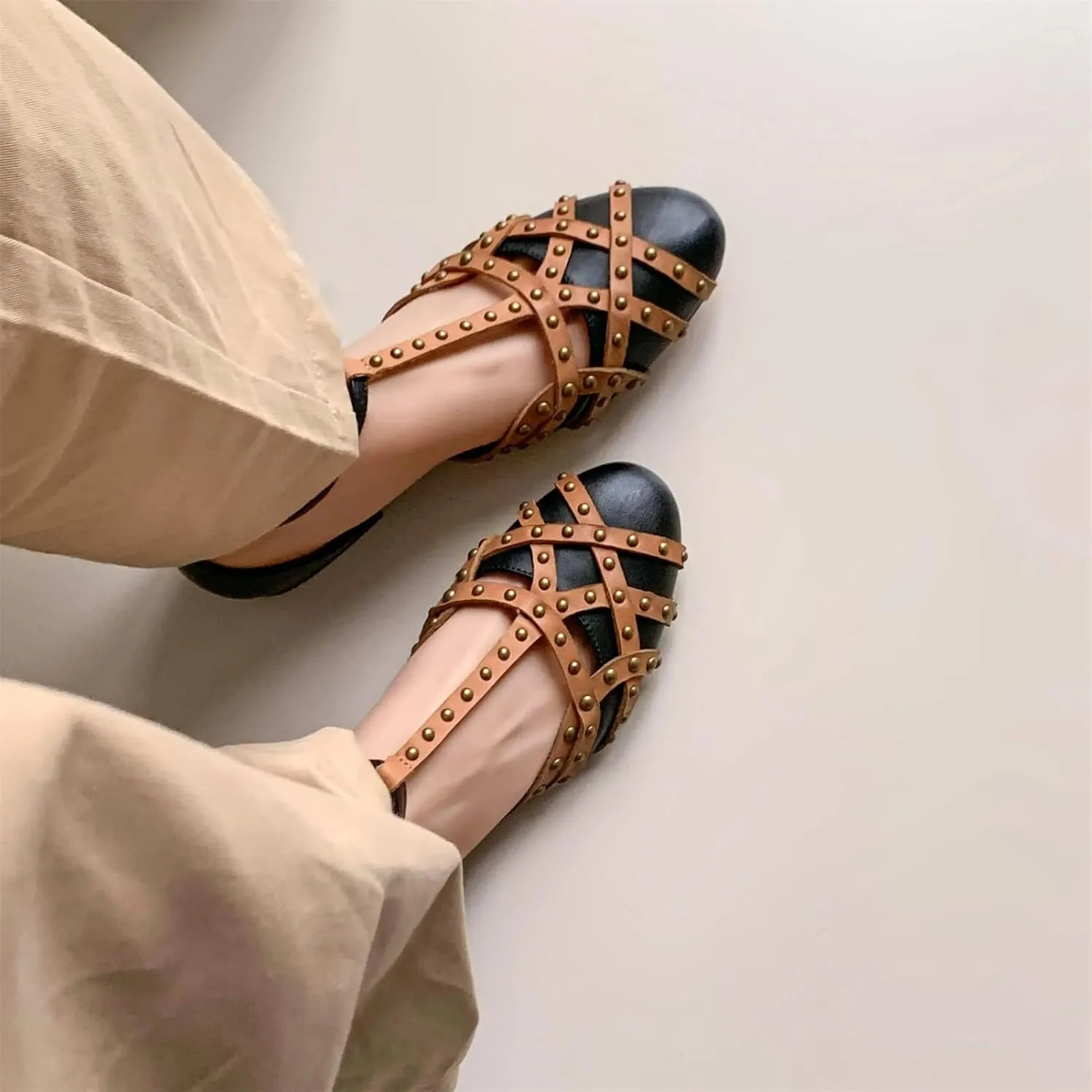 Women's Cow Leather Round Toe Sandals - Low Heels Rivet Summer Dance Party Shoes