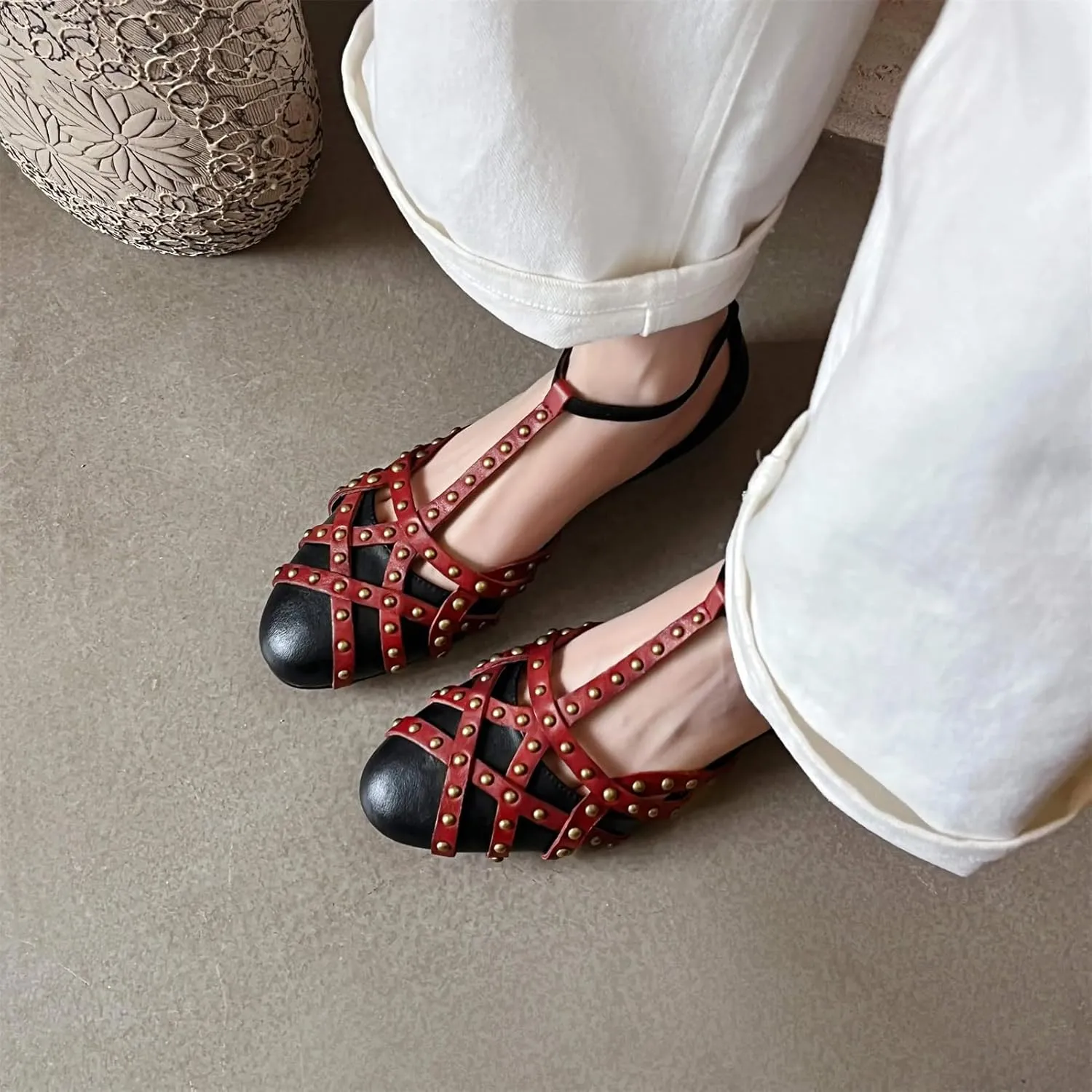 Women's Cow Leather Round Toe Sandals - Low Heels Rivet Summer Dance Party Shoes