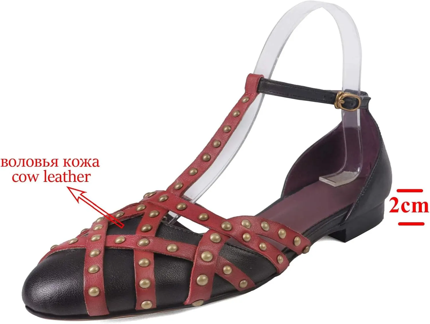 Women's Cow Leather Round Toe Sandals - Low Heels Rivet Summer Dance Party Shoes