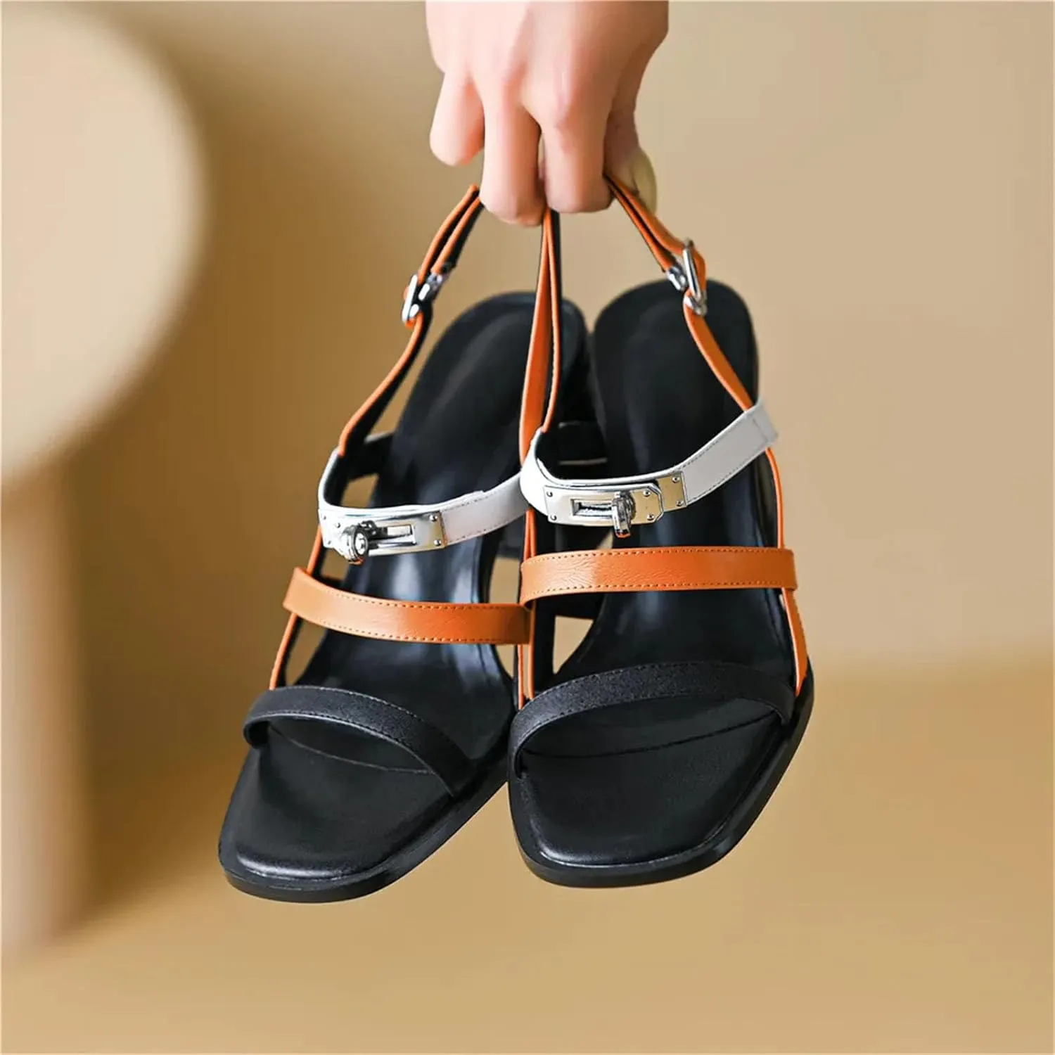 Women's Cow Leather Sandals - Concise Design Thick Heels, Summer Beach Handmade
