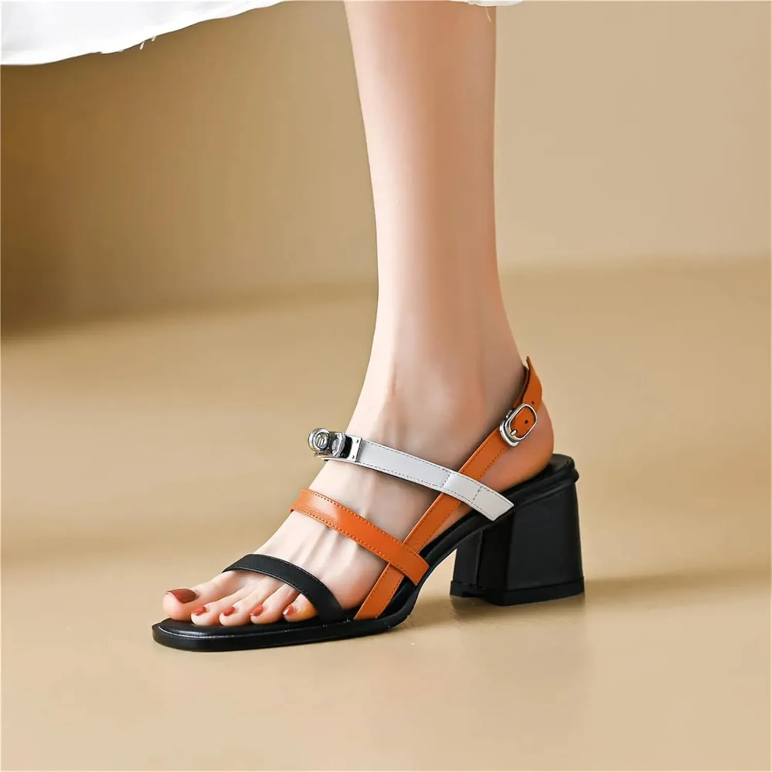Women's Cow Leather Sandals - Concise Design Thick Heels, Summer Beach Handmade