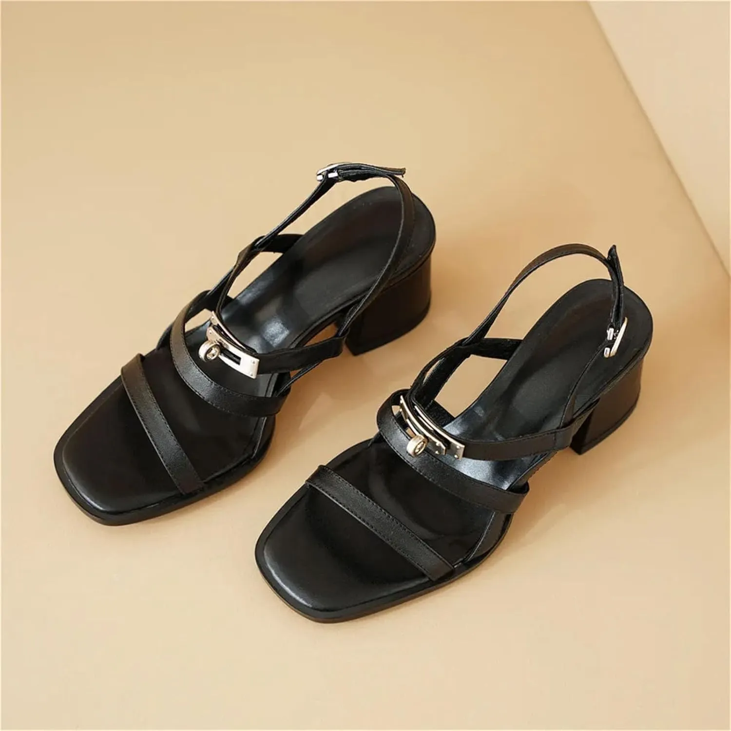 Women's Cow Leather Sandals - Concise Design Thick Heels, Summer Beach Handmade
