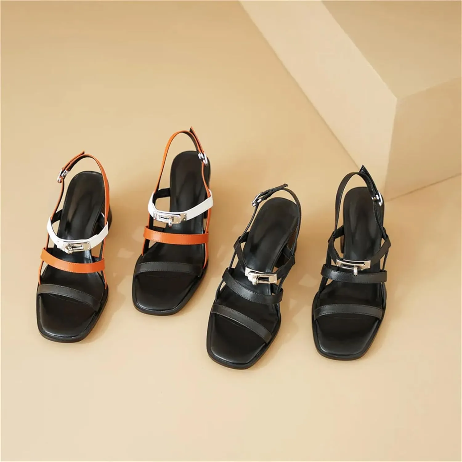 Women's Cow Leather Sandals - Concise Design Thick Heels, Summer Beach Handmade