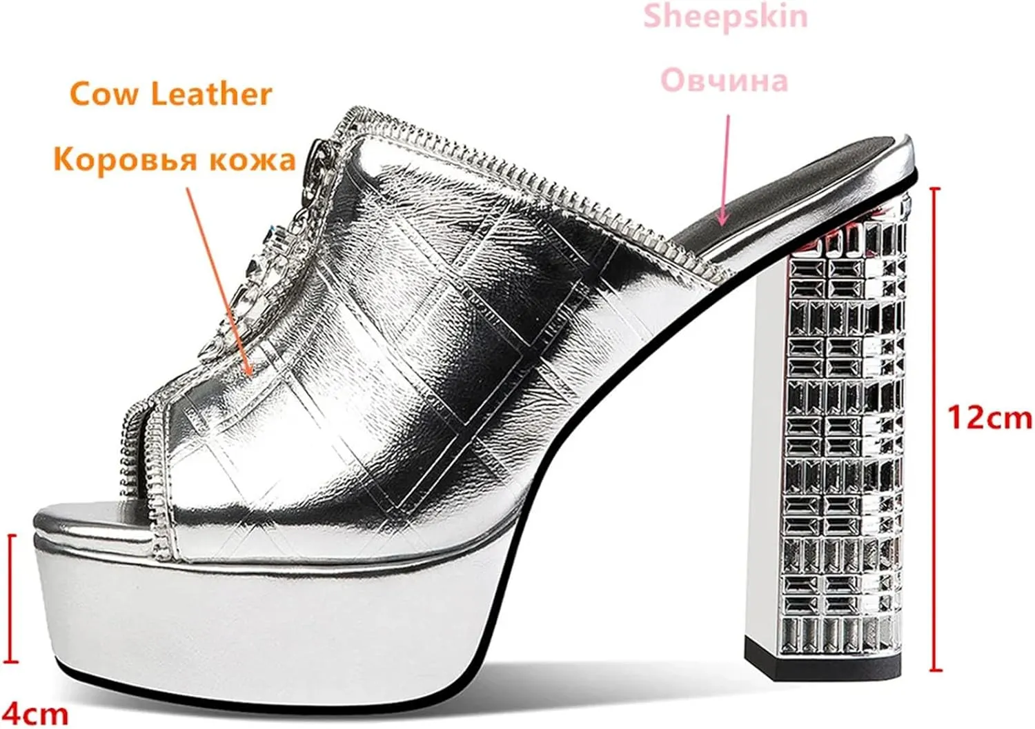 Women's Cow Leather Sandals - Silver Thick Heels, Round Toe Platform Summer Party